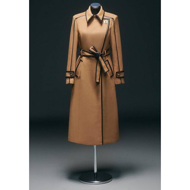 Brushed Wool Pu Trim Belted Tailored Double Breasted Midi Coat - Camel