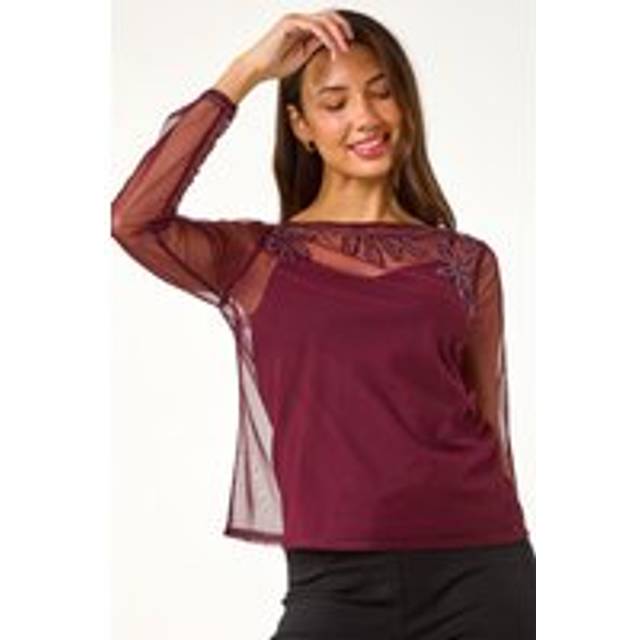 Roman Wine Embellished Sequin Mesh Top - Size 18