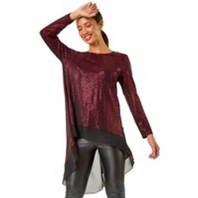 Roman Red Chiffon Hem Sequin Stretch Tunic Top - Size 20