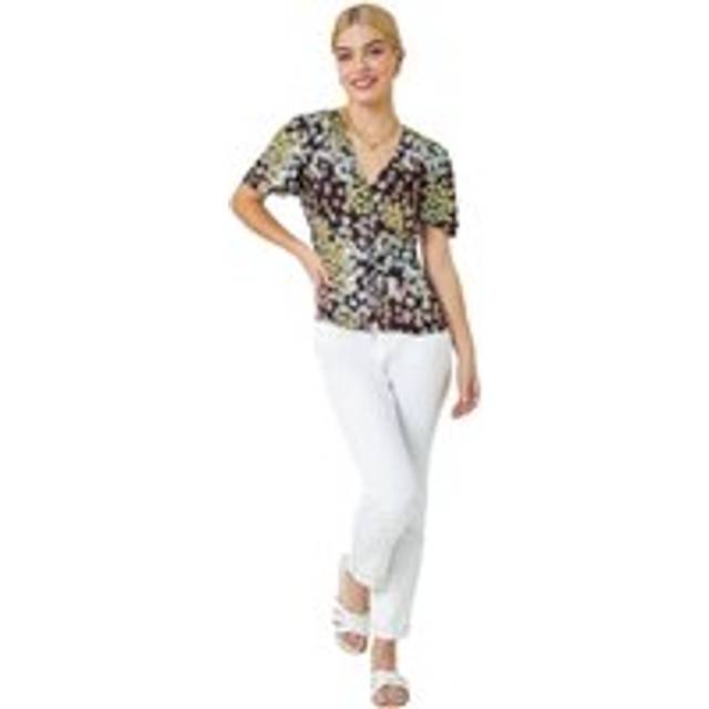 Dusk Black Floral Print Button Through Blouse - Size 16