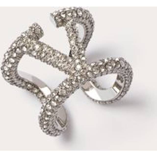Valentino Garavani Vlogo Signature Ring In Metal And Swarovski® Crystals Woman PALLADIUM/CRYSTAL 11