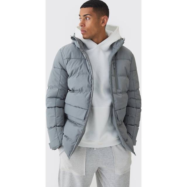 Mid Length Hooded Puffer In Grey - S