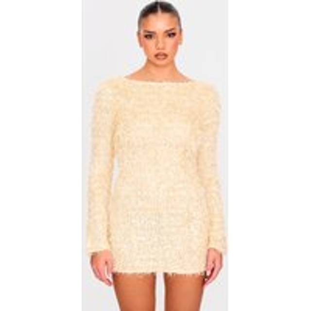Butter Cream Textured Eyelash Long Sleeve Cowl Back Bodycon Dress, Butter Cream.. - 8