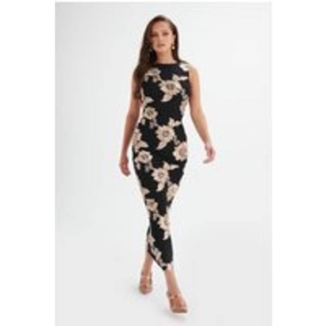 Lavish Alice MABEL Floral Satin Applique Longline Mesh Maxi Dress in Black XS UK6 - Black/Floral