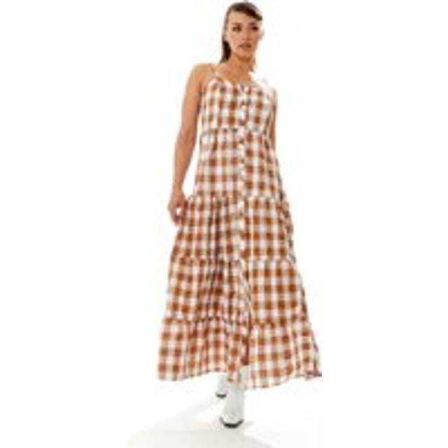 Womens Gingham Print Maxi Dress In Brown and White - L
