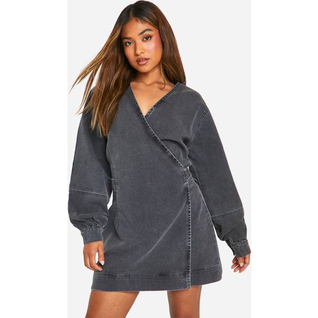 Womens Petite Volume Sleeve Denim Wrap Dress - Grey - 10, Grey