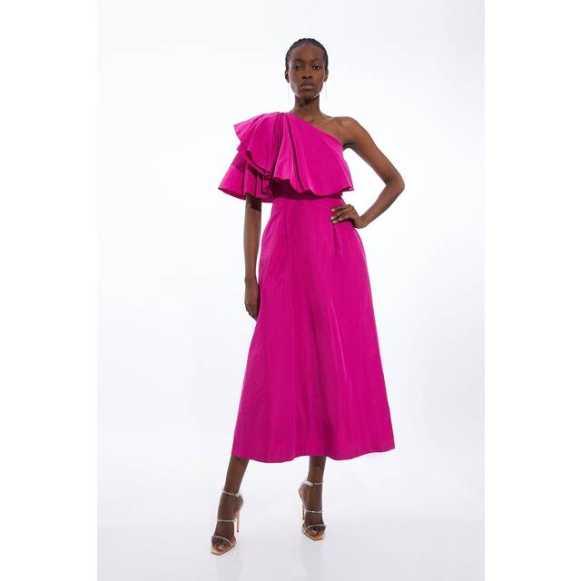 Taffeta One Shoulder Ruffle Midi Dress - Pink