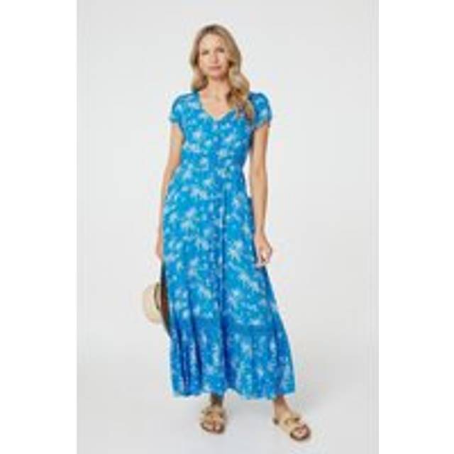 Tropical Print Angel Sleeve Maxi Dress - Blue - Size 10 - Izabel London