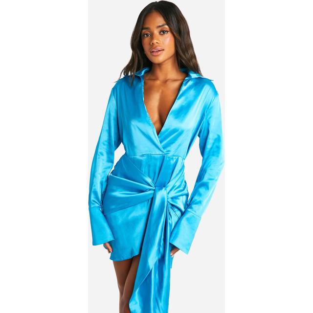 Womens Satin Wrap Skirt Shirt Dress - Blue - 14