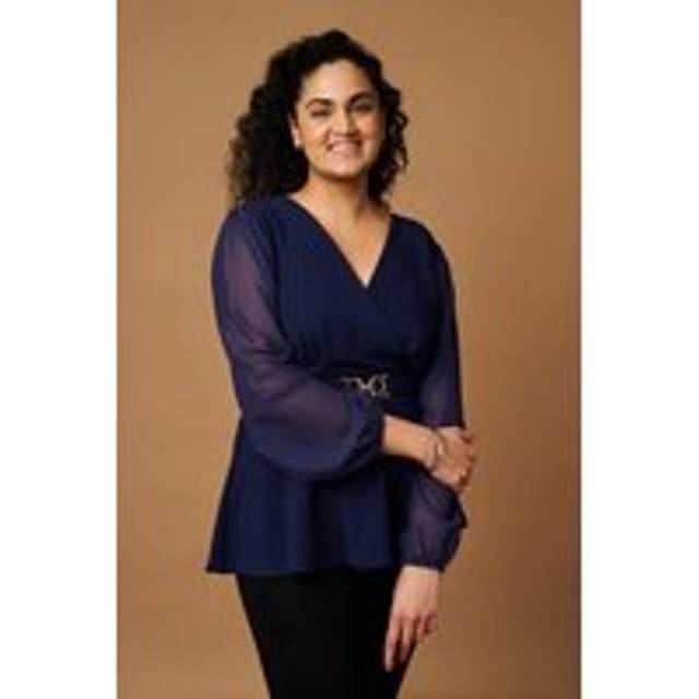 Sheer Sleeve Wrap Front Blouse - Navy - Size 12 - Izabel London