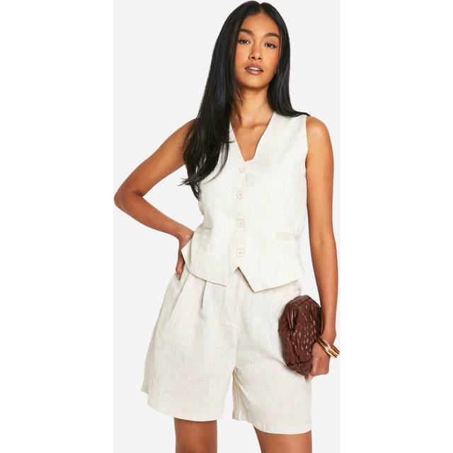Womens Linen Look High Waist Tailored Shorts - Natural
