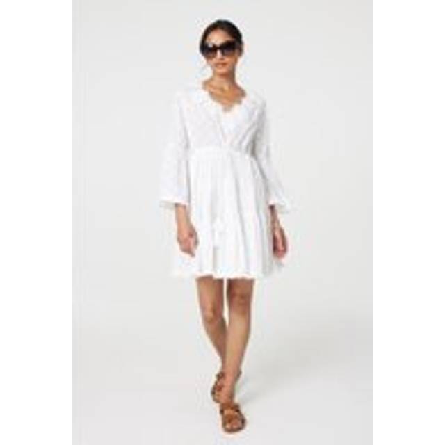 Floral Lace Flare Sleeve Mini Beach Dress - White - Size 12 - Izabel London