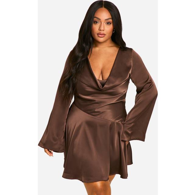 Womens Plus Premium Satin Cowl Neck Skater Dress - Brown - 18, Brown