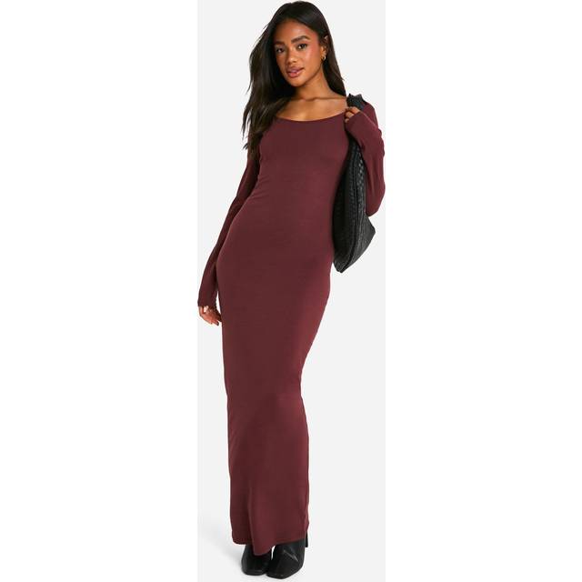 Womens Basic Long Sleeve Scoop Neck Maxi Dress - Brown - 18