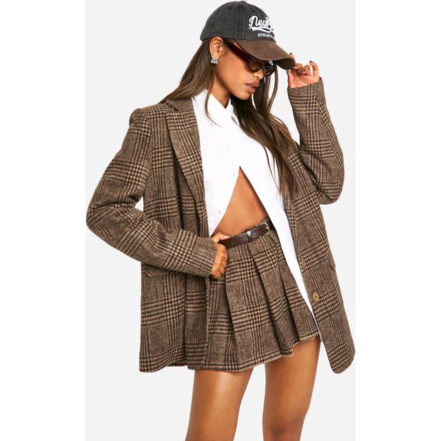 Womens Premium Wool Look Check Belted Mini Skirt - Chocolate - 8