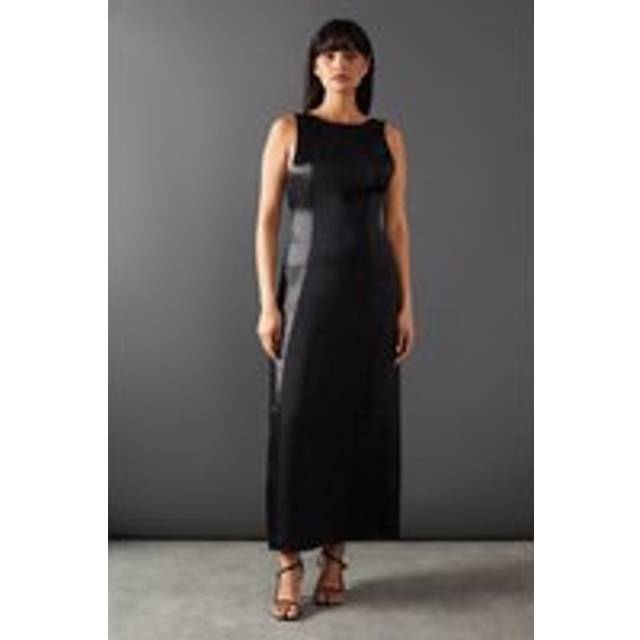 Womens Premium Mixed Satin Panel Open Back Midi Slip Dress - Black - 12