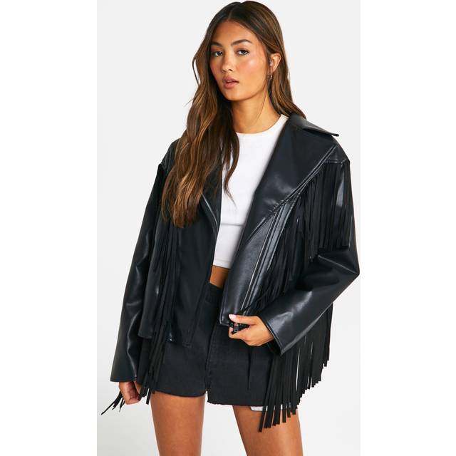 Womens Fringe Detail Faux Leather Biker Jacket - Black - 8