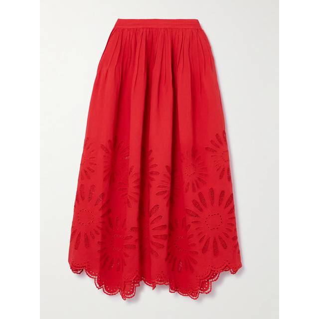 Ulla Johnson - Annisa Pleated Broderie Anglaise Linen And Cotton-blend Midi Skirt - Red - US 6