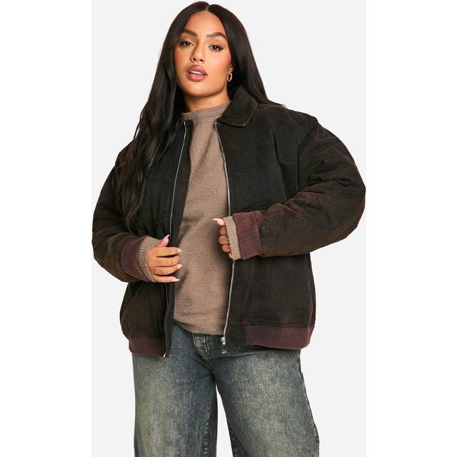 Womens Plus Vintage Washed Bomber Jacket - Brown - 18, Brown