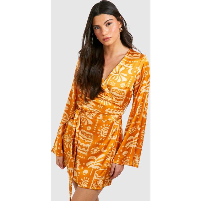Womens Satin Printed Wrap Tie Shirt Dress - Orange - 12