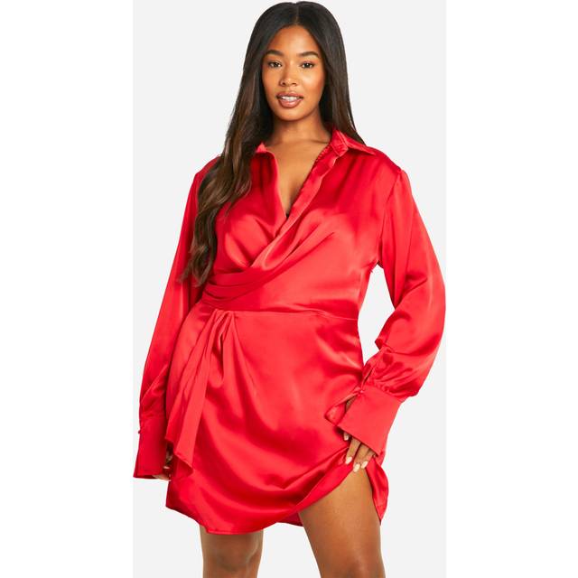 Womens Plus Collared Plunge Neck Mini Shirt Dress - 28, Red