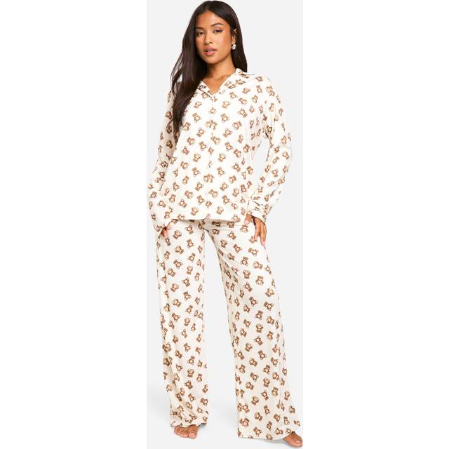 Womens Petite Bear Print Long Sleeve Shirt & Trousers Pyjama Set - Brown - 10