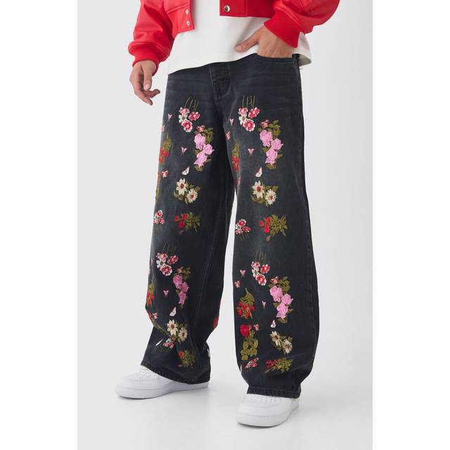 Baggy Fit Rigid Floral Embroidered Jeans - Black - 28R