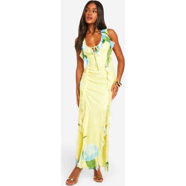 Womens Floral Mesh Ruffle Maxi Dress - Yellow - 18