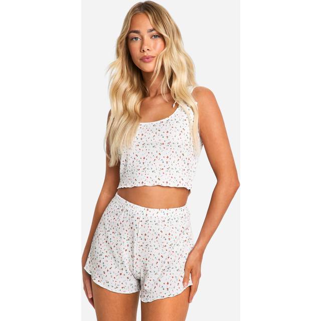 Womens Ditsy Floral Print Vest Top & Shorts Pyjama Set - White - 6