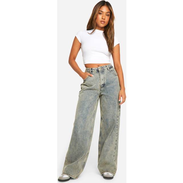 Womens Petite Vintage Stone Wash Wide Leg Jeans - Blue - 6