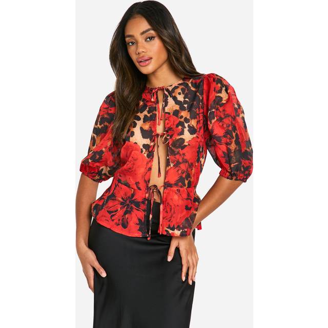 Womens Leopard Volume Sleeve Tie Front Blouse - Brown - 6, Brown