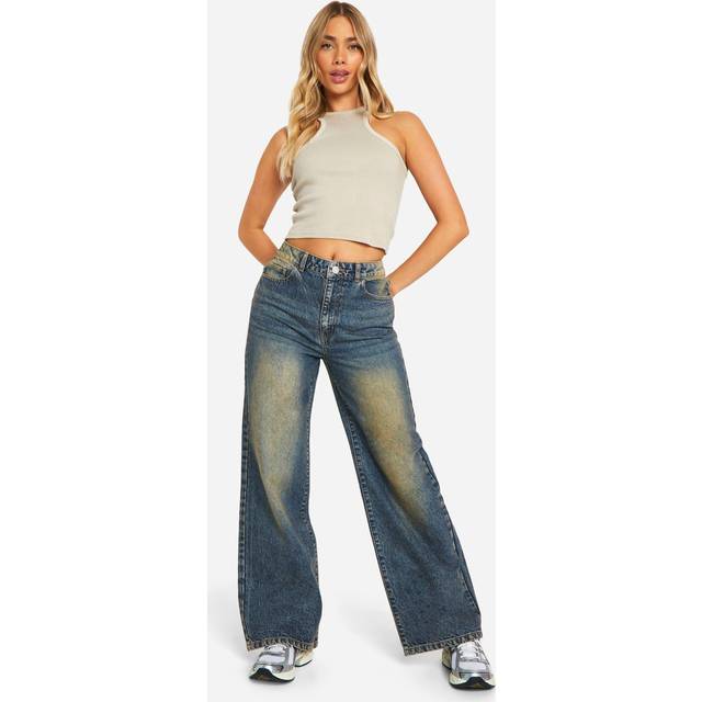 Womens Basics Sand Blast High Waisted Wide Leg Jeans In Vintage Wash - Blue - 12, Blue