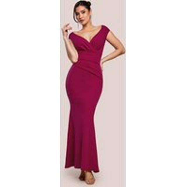 Bardot Pleated Maxi Dress - Burgundy by Goddiva - 10