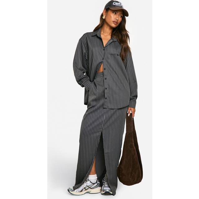 Womens Pinstripe Split Front Maxi Skirt - Grey - 12