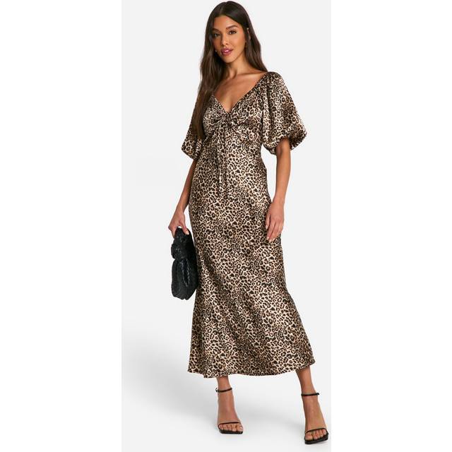 Womens Leopard Puff Sleeve Midaxi Dress - Brown - 12