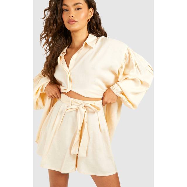 Womens Tie Waist Flippy Linen Look Short - Beige - 6, Beige