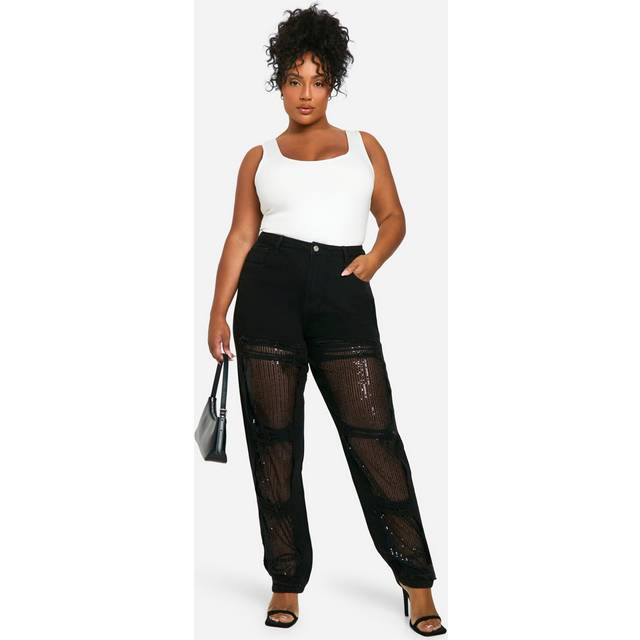 Womens Plus Straight Leg Sequin Insert Denim Jean - Black - 28, Black