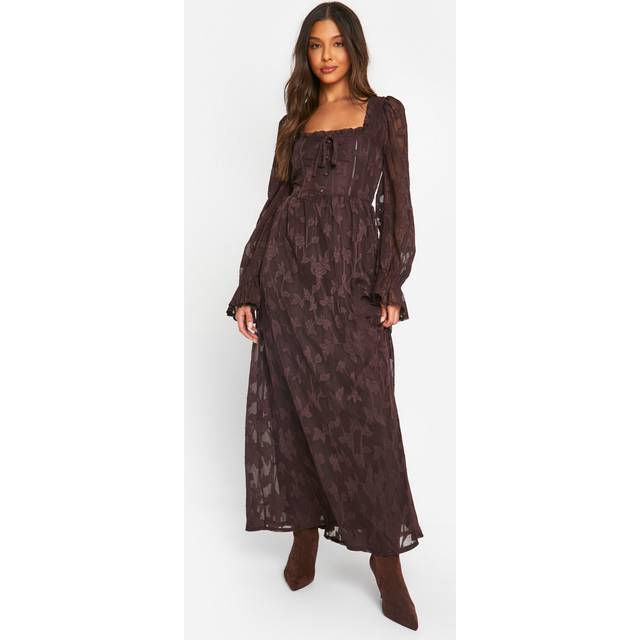 Womens Textured Puff Sleeve Milkmaid Maxi Dress - Brown - 12