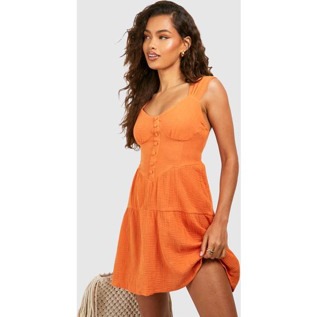 Womens Textured Cotton Milkmaid Dress - Orange - 14