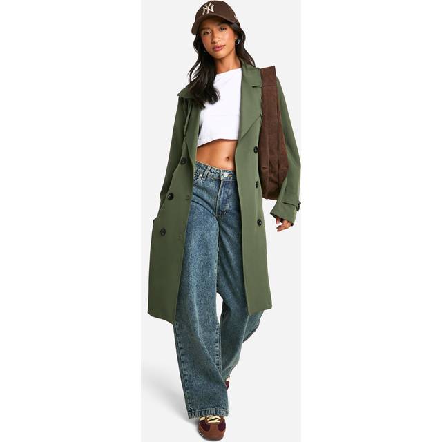 Womens Petite Button Detail Belted Trench Coat - Green - 16, Green
