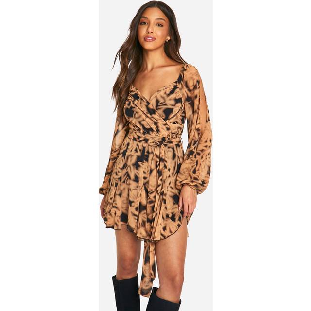 Womens Floral Chiffon Lace Back Puff Sleeve Wrap Skater Dress - Black - 10, Black