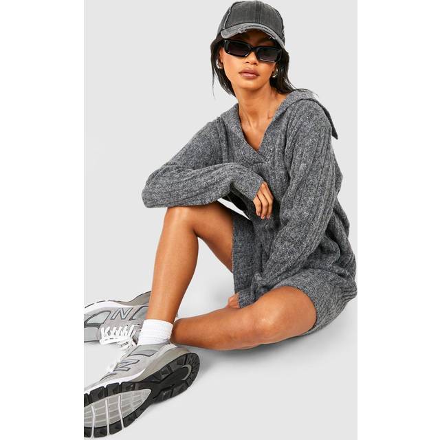 Womens Soft Wide Rib Knit Collared Jumper Dress - Grey - 10, Grey