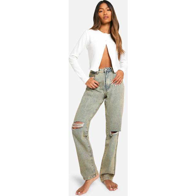 Womens Basics 30 Inch Leg Vintage Wash High Waisted Straight Leg Ripped Knee Jeans - Beige - 10