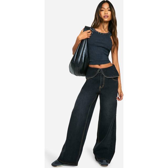Womens Foldover Zip Detail Wide Leg Jean - Blue - 14