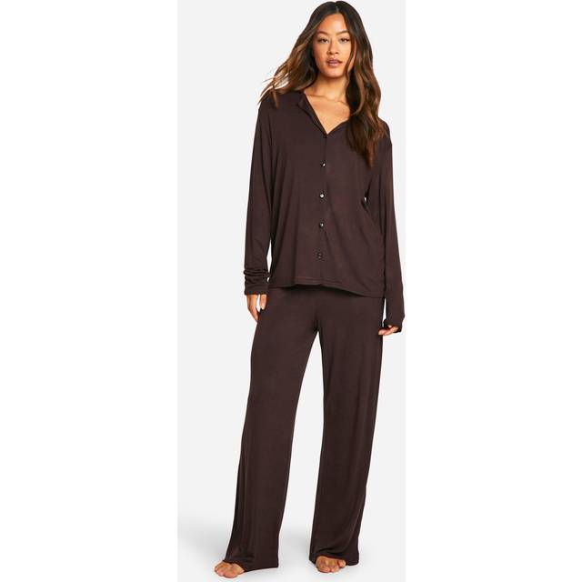 Womens Tall Long Sleeve Shirt & Trousers Pyjama Set - Brown - 16