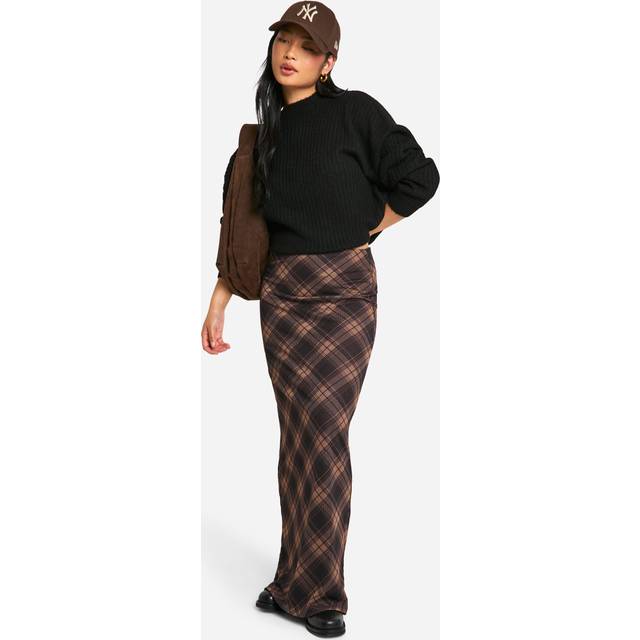 Womens Petite Check Mesh Maxi Skirt - Brown - 8