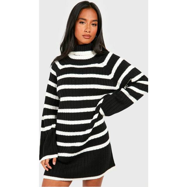 Womens Petite Roll Neck Wide Sleeve Stripe Jumper Dress - Black - 12