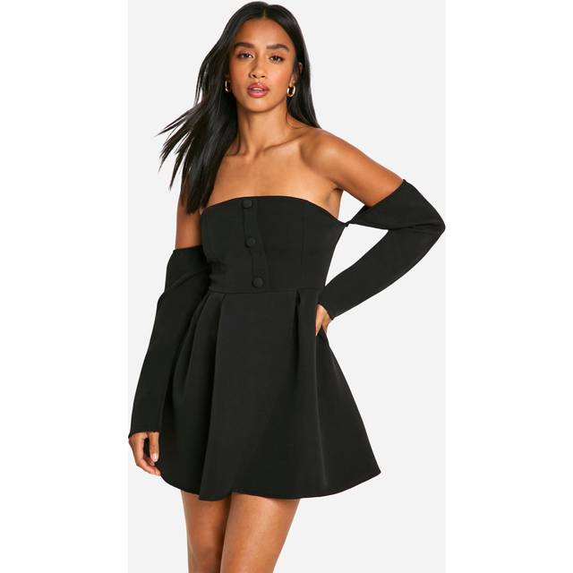 Womens Petite A-Line Bardot Long Sleeve Mini Dress - Black - 8, Black