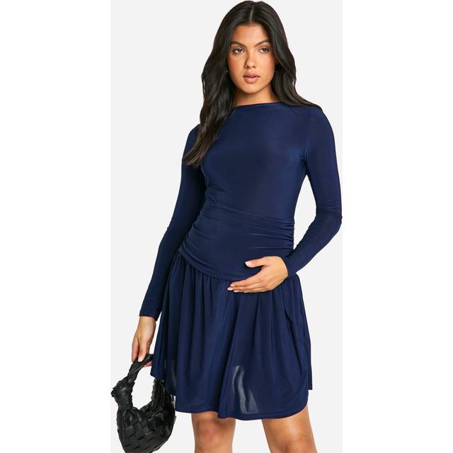 Womens Maternity Slinky Slash Neck Gathered Detail Mini Dress - Navy - 10, Navy