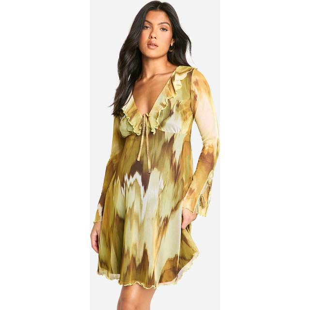 Womens Maternity Mesh Abstract Print Ruffle Detail Long Sleeve Skater Mini Dress - Multi - 8, Multi
